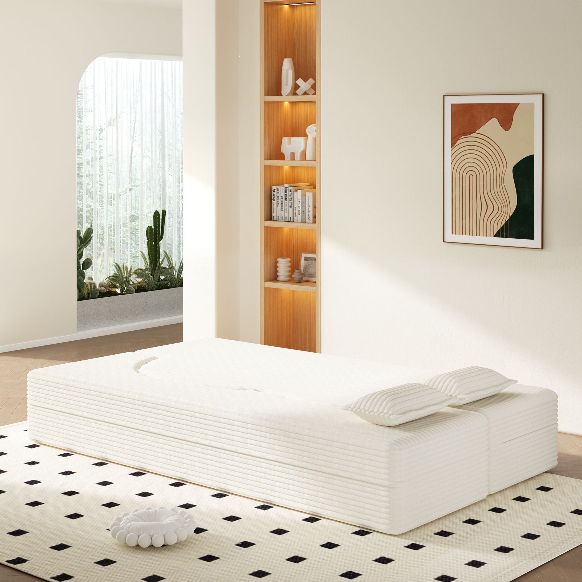 White floor sofa with 2 pillows, convertible twin-size mattress for living room on Tampa Home & Garden Store