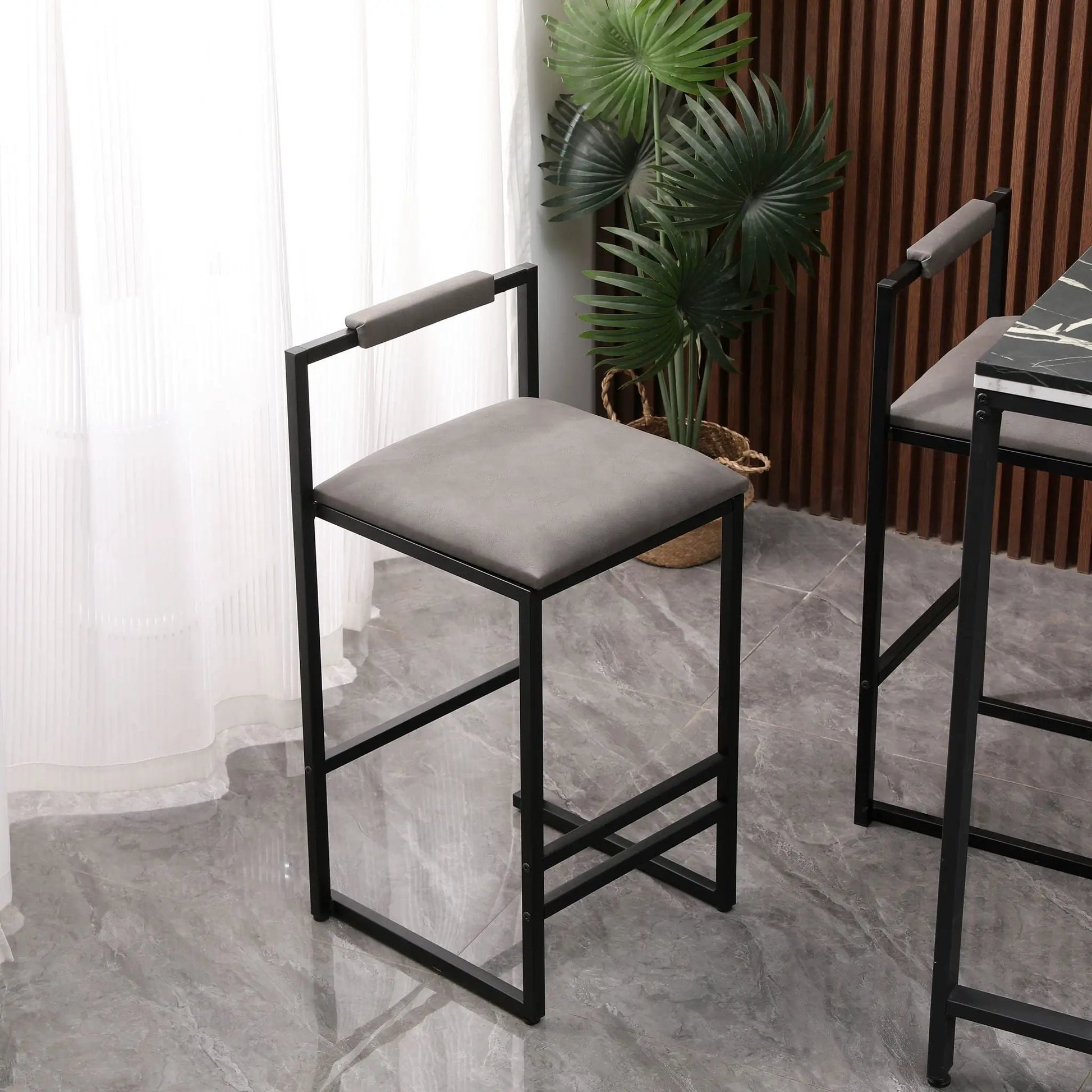Bar stool set with backrest and footrest, counter height, black frame, grey cushions, set of 2 Unique Piece Furniture on Tampa Home & Garden Store