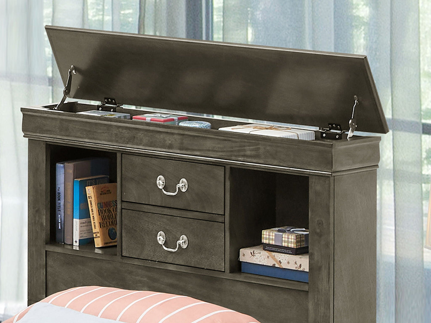 Traditional Style Bookcase Storage Bed with lift-top lid in dark wood; open storage with books on Tampa Home & Garden Store