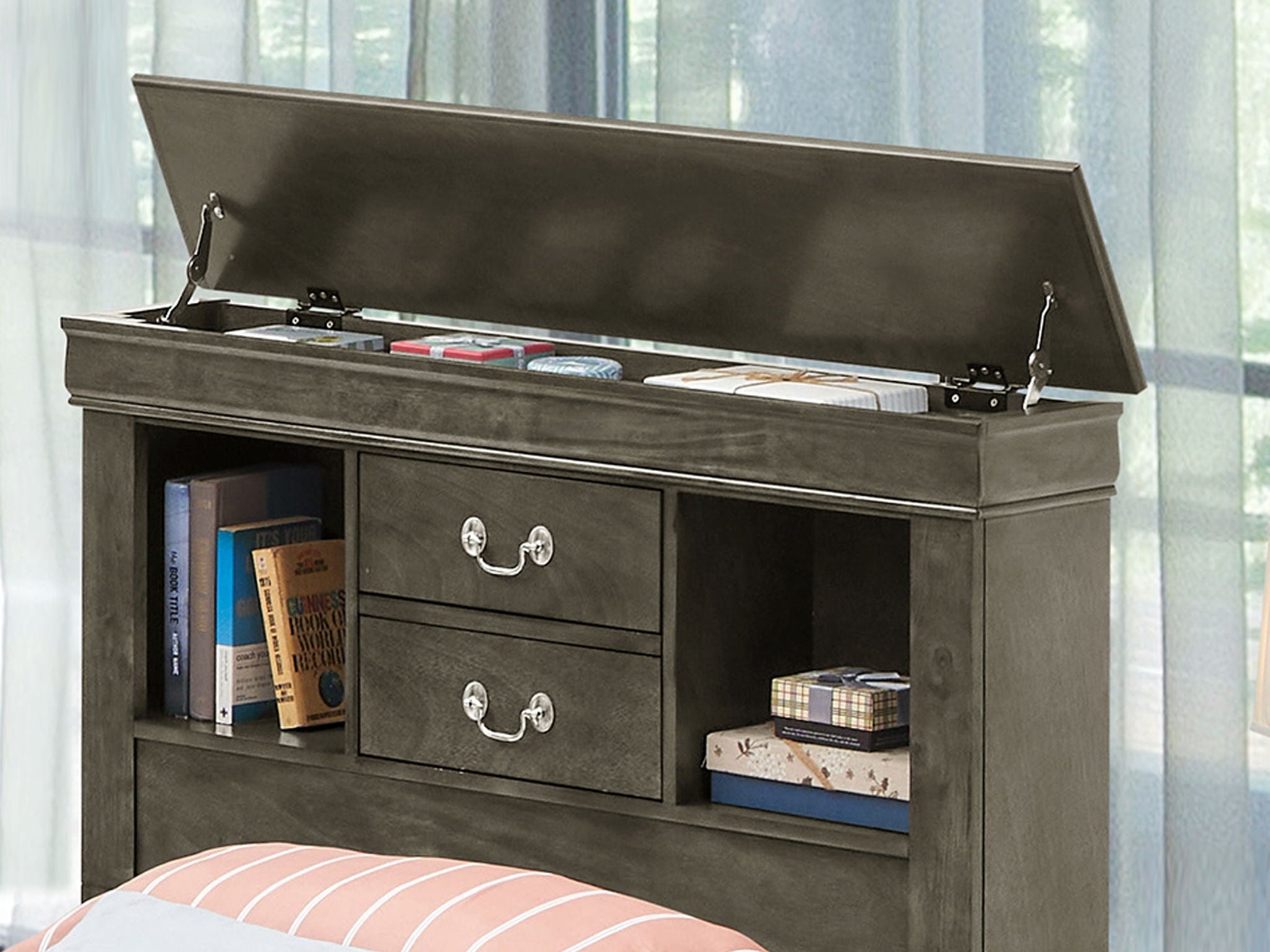 Traditional Style Bookcase Storage Bed with lift-top lid in dark wood; open storage with books on Tampa Home & Garden Store