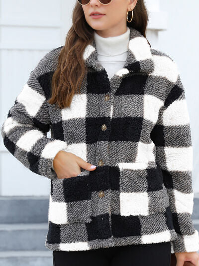 Womens fuzzy checkered button-up jacket, black white gray plaid, relaxed fit on Tampa Home & Garden Store