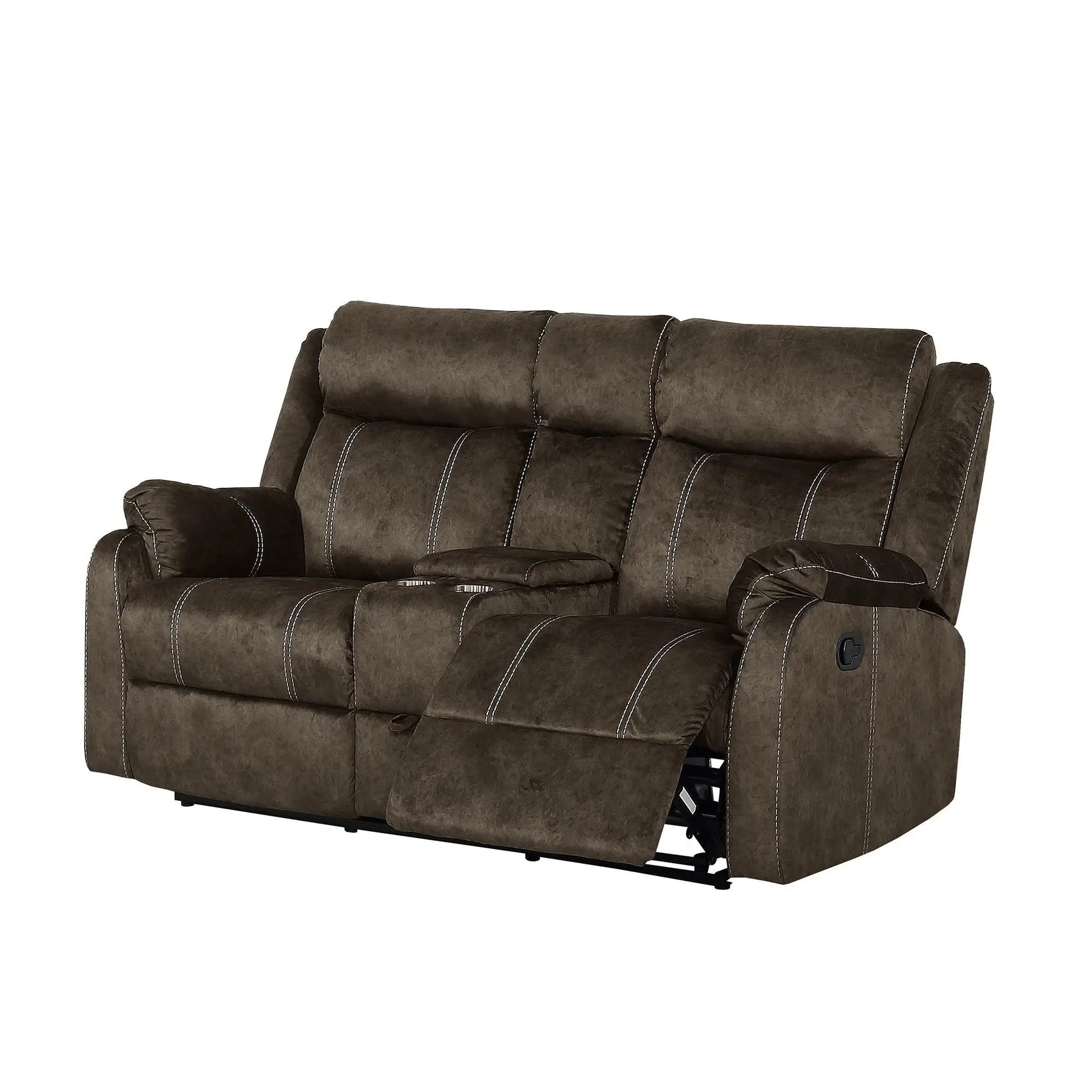 Sonet Domino Recliner by Unique Piece Furniture in brown microfiber with white stitching on Tampa Home & Garden Store