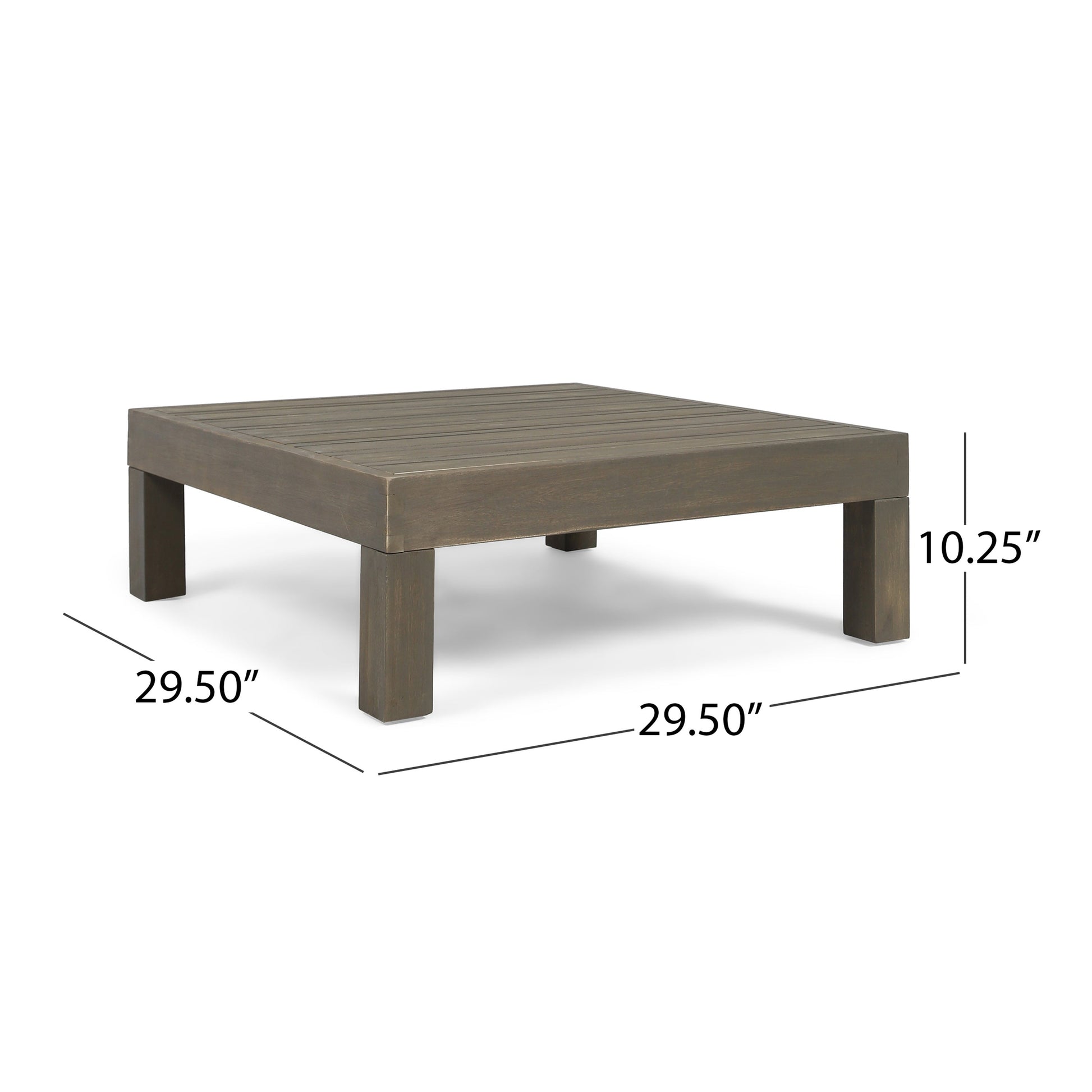 Outdoor wooden coffee table with slatted top, brown finish, 29.5in square, 10.25in tall on Tampa Home & Garden Store
