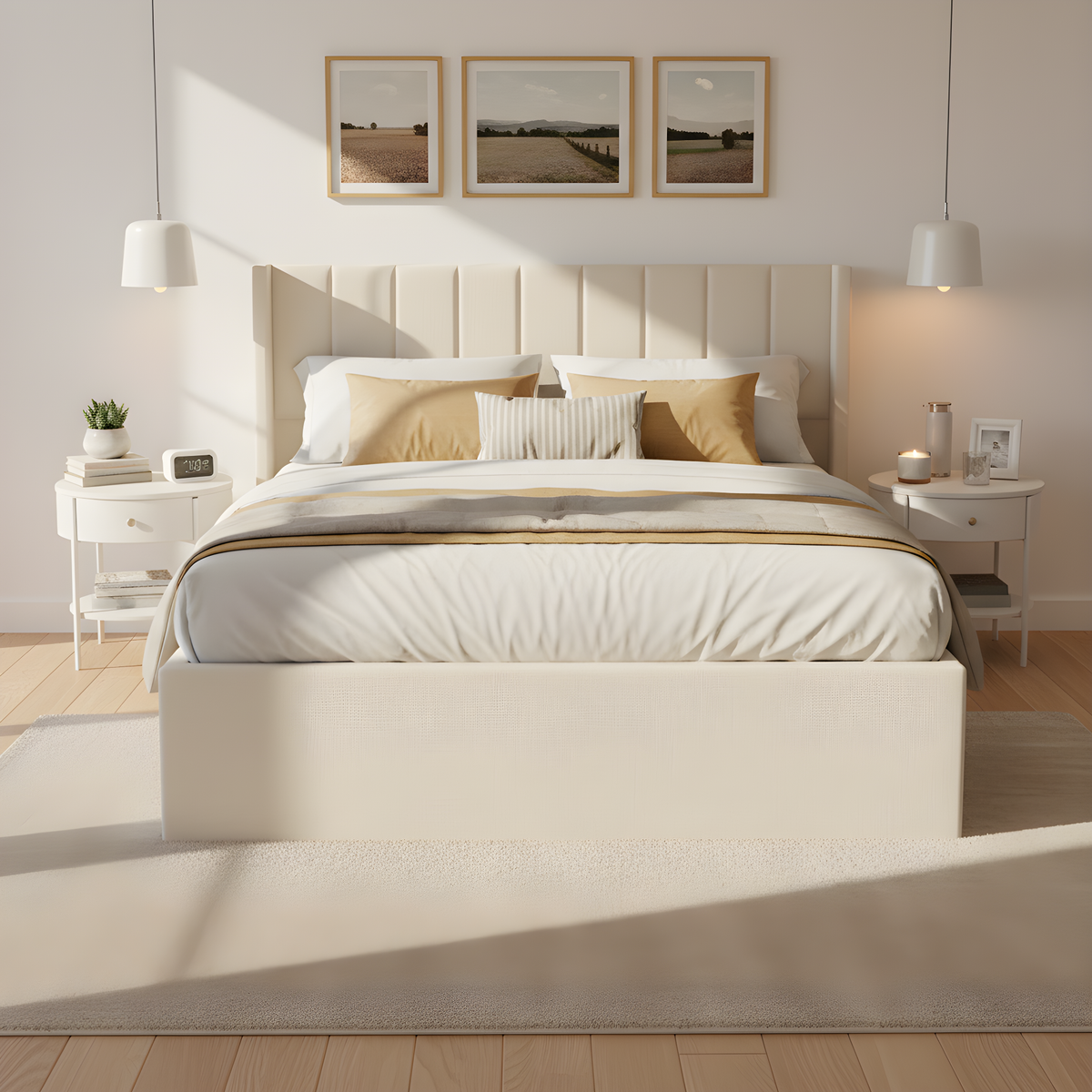 Large-Capacity Upholstered Storage Bed with Drawers HouseOfZazla cream fabric, paneled headboard on Tampa Home & Garden Store