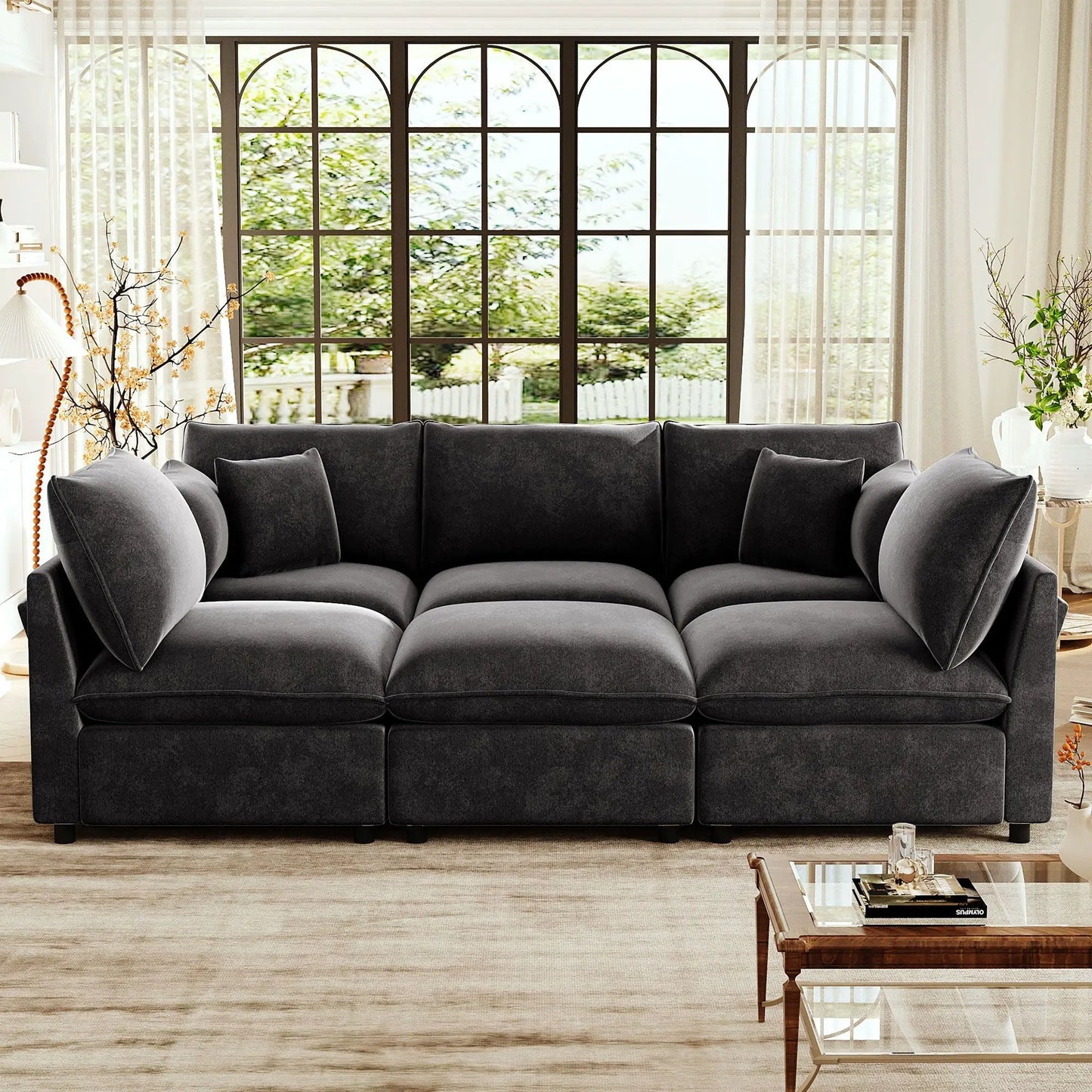 Modern U-shaped gray sectional sofa with plush cushions, 2-piece living room set in a bright home on Tampa Home & Garden Store