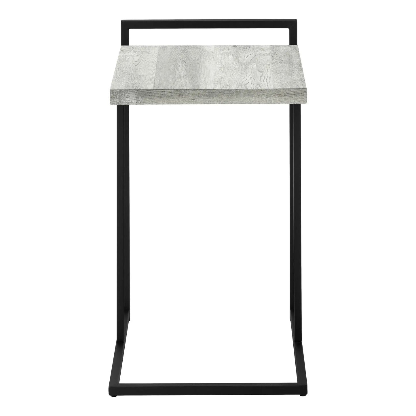C-shaped accent table with black metal frame and weathered grey wood top on Tampa Home & Garden Store