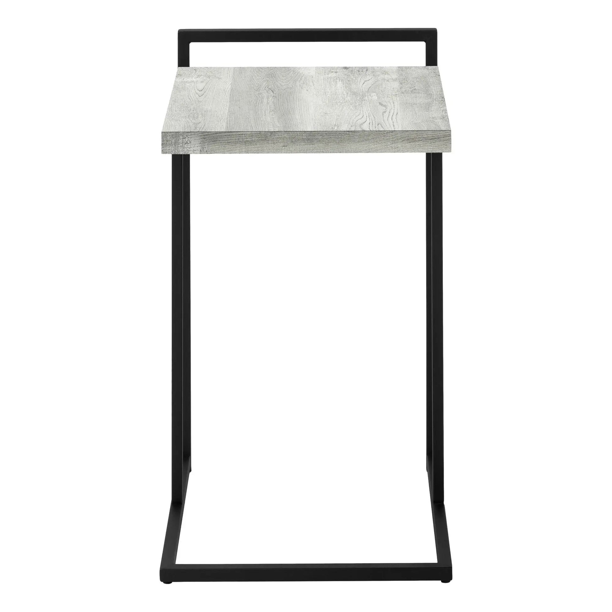 C-shaped accent table with black metal frame and weathered grey wood top on Tampa Home & Garden Store