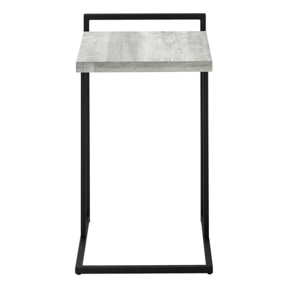 C-shaped accent table with black metal frame and weathered grey wood top on Tampa Home & Garden Store