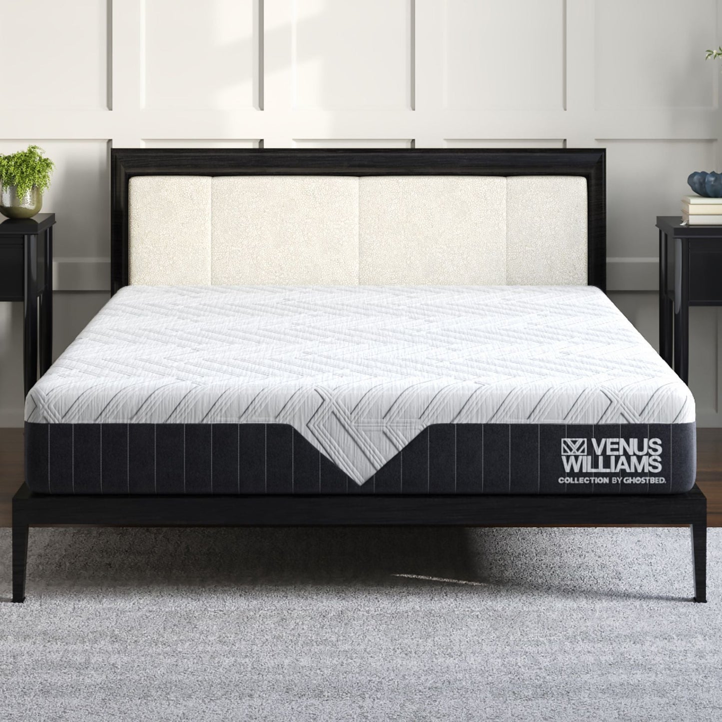 Venus Williams Legend 12in foam mattress on dark wood bed frame with beige upholstered headboard on Tampa Home & Garden Store