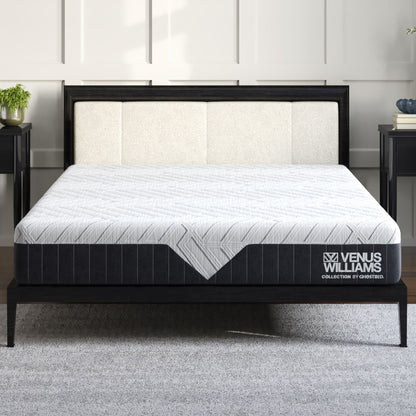 Venus Williams Legend 12in foam mattress on dark wood bed frame with beige upholstered headboard on Tampa Home & Garden Store