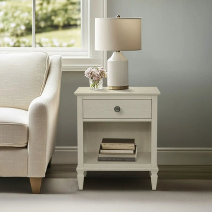 Victoria nightstand with open storage in cream white, lamp and flowers on top on Tampa Home & Garden Store