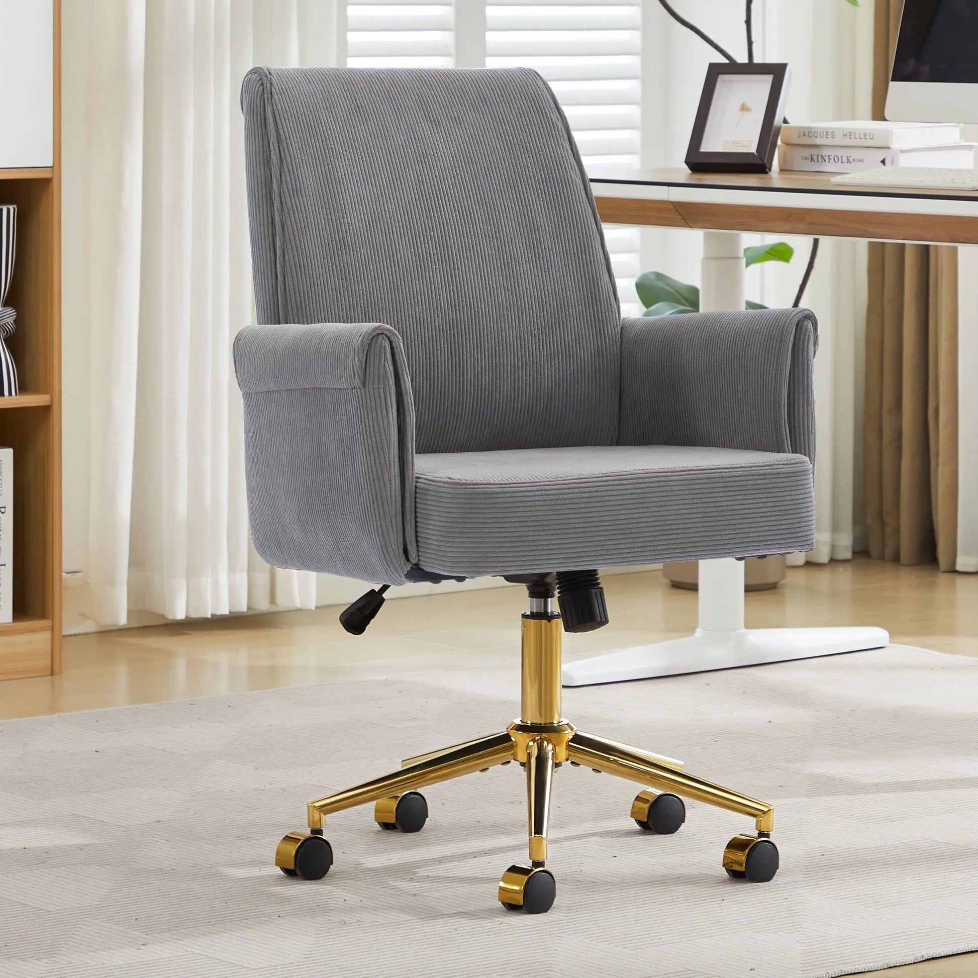 Ergonomic mid back swivel chair by Unique Piece Furniture, gray corduroy upholstery, gold base on Tampa Home & Garden Store