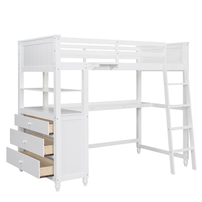 Space Saving Loft Bed with Desk and Drawers
