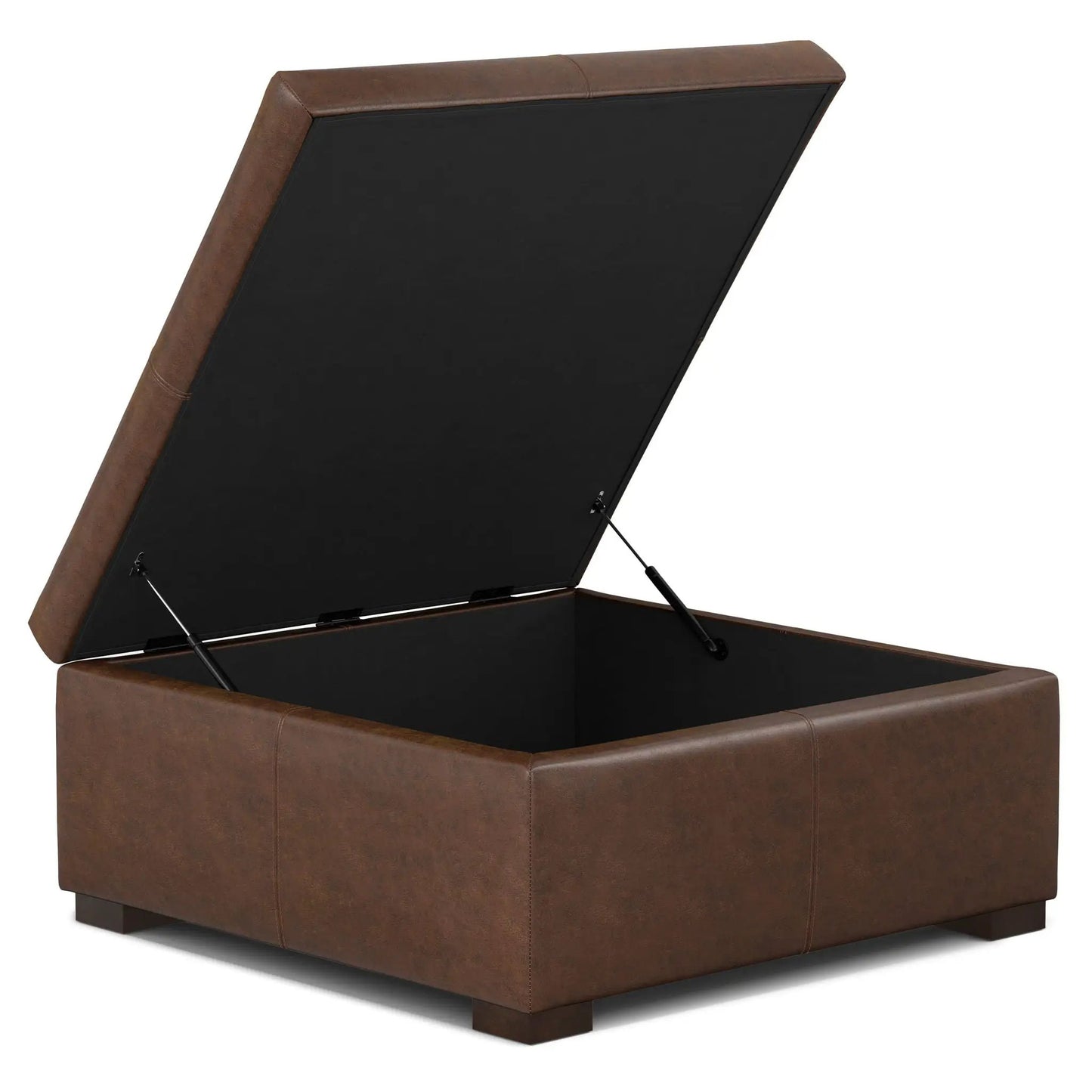 Gabbie storage ottoman brown leatherette with lift-top lid open showing black interior and legs on Tampa Home & Garden Store