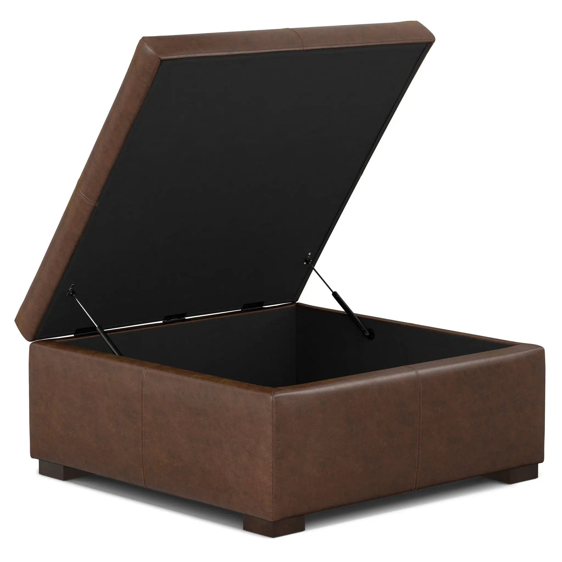 Gabbie storage ottoman brown leatherette with lift-top lid open showing black interior and legs on Tampa Home & Garden Store