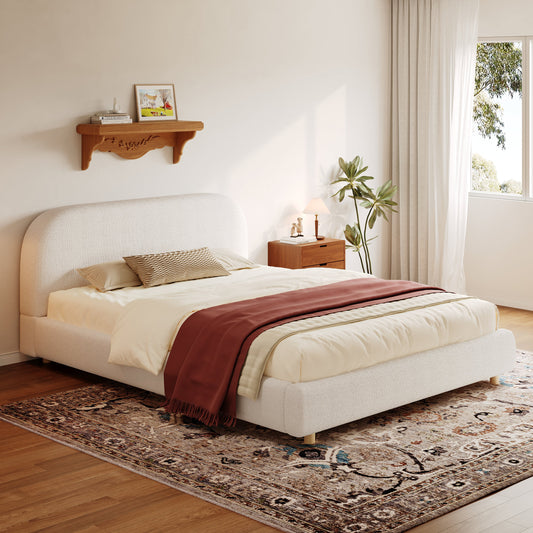 Queen Size Bouclé Upholstered Bed by HouseOfZazla in cream with curved headboard in beige bedroom on Tampa Home & Garden Store