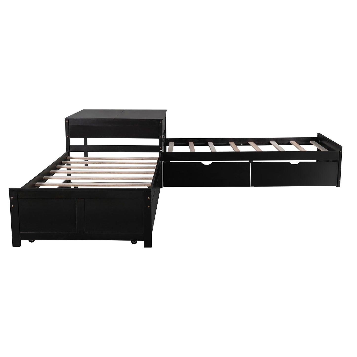 L-shaped platform bed with built-in desk, black metal frame, trundle and drawers on Tampa Home & Garden Store