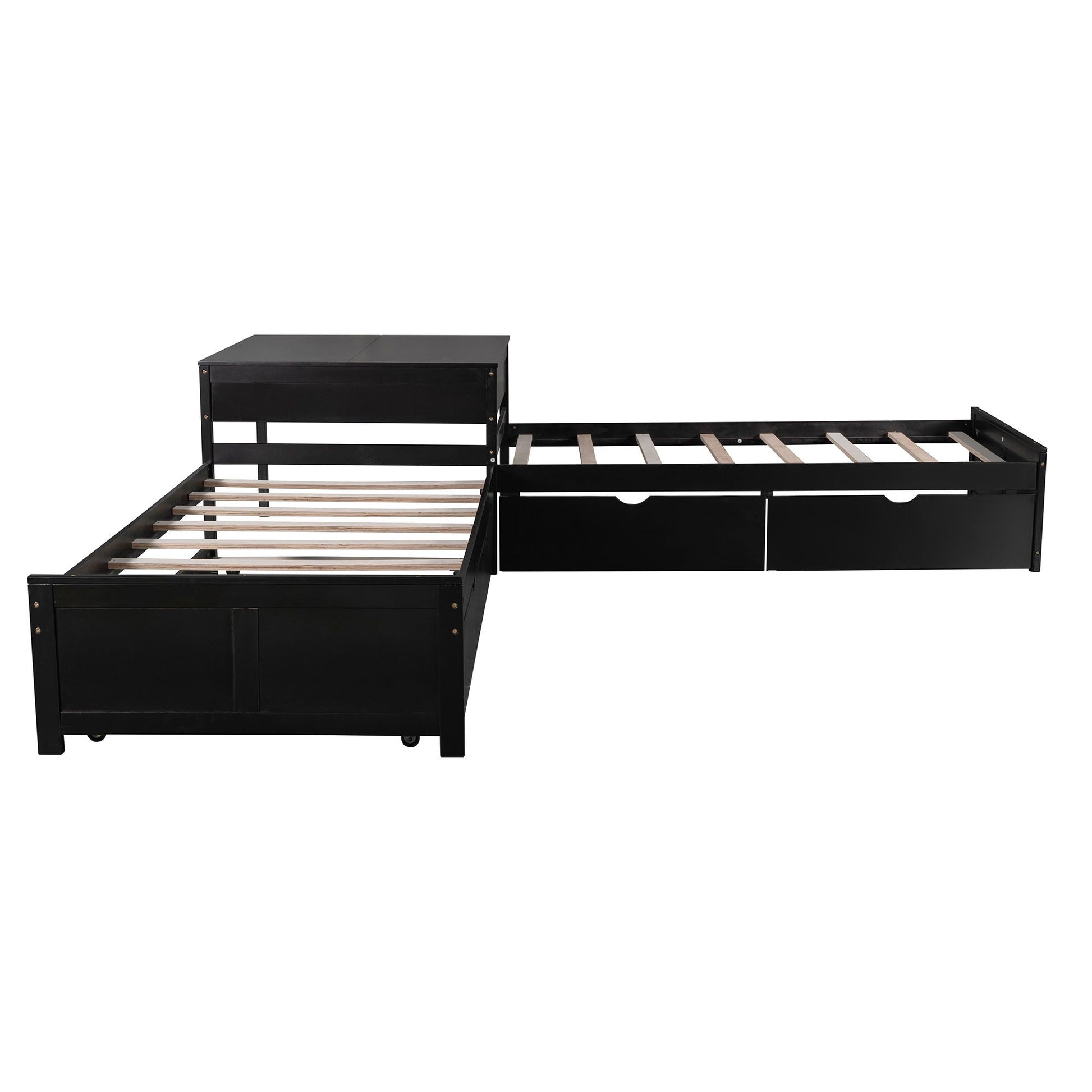 L-shaped platform bed with built-in desk, black metal frame, trundle and drawers on Tampa Home & Garden Store