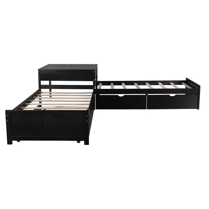 L-shaped platform bed with built-in desk, black metal frame, trundle and drawers on Tampa Home & Garden Store