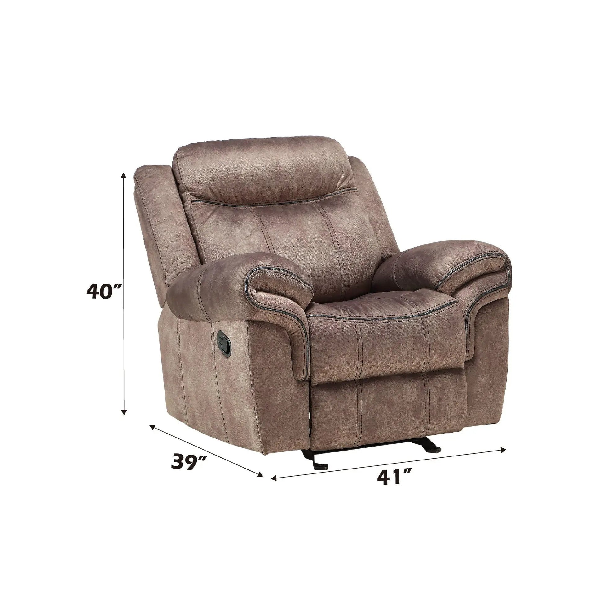 Zubaida Glider Recliner, taupe brown upholstery with padded arms on Tampa Home & Garden Store