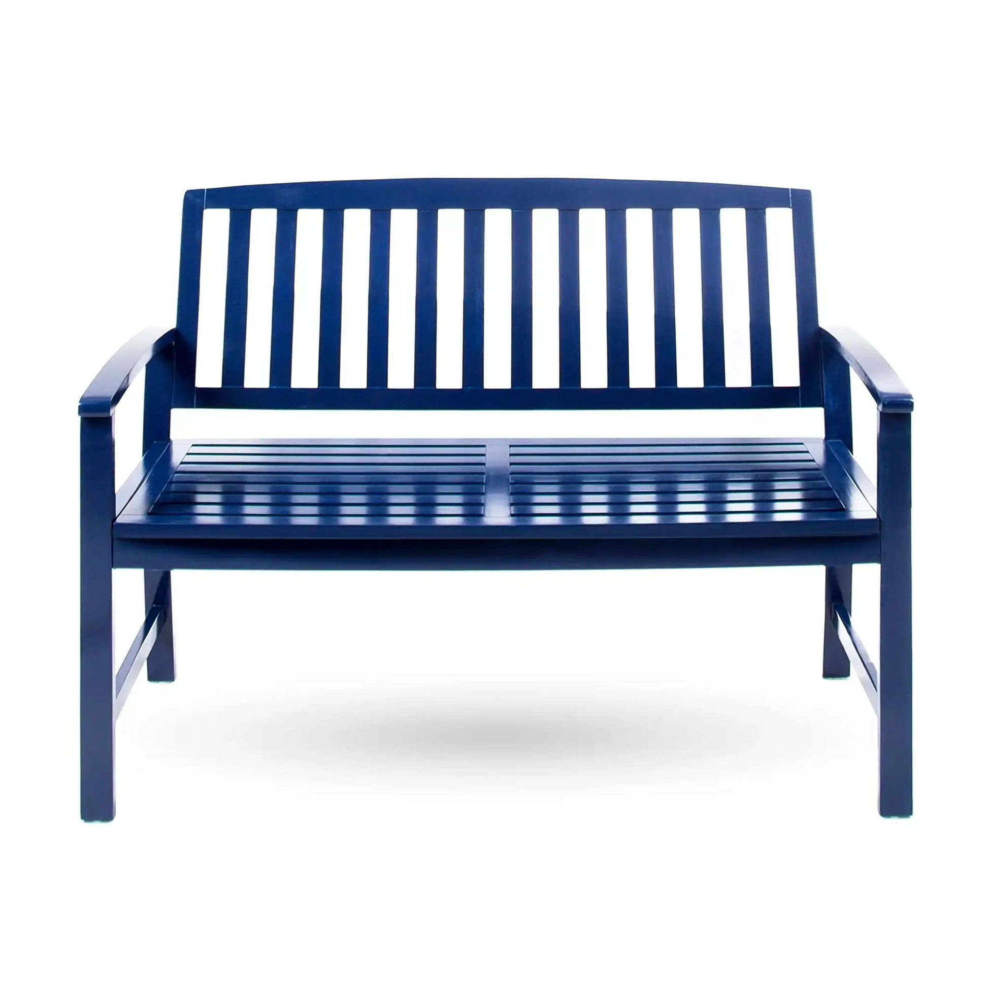 Farmhouse Style Loja Bench outdoor blue slatted seat with metal frame by HouseOfZazla on Tampa Home & Garden Store