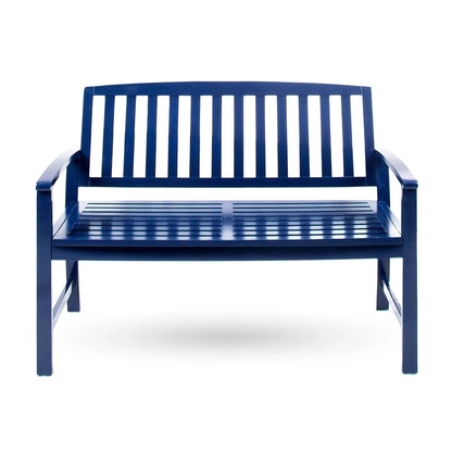 Farmhouse Style Loja Bench outdoor blue slatted seat with metal frame by HouseOfZazla on Tampa Home & Garden Store
