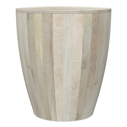 HouseOfZazla solid mango wood drum silhouette side table with multi-tone planks on Tampa Home & Garden Store