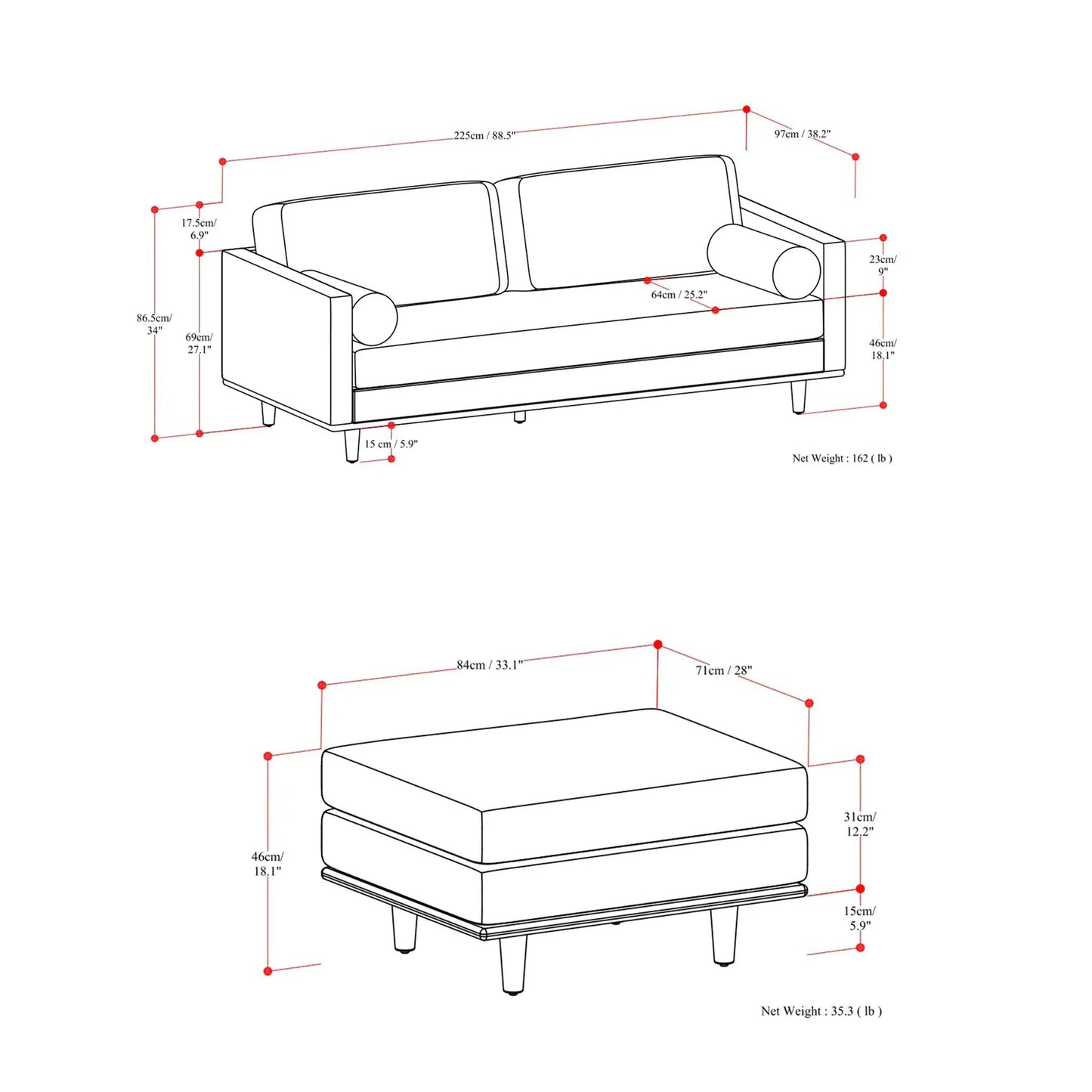 Morrison sofa and ottoman set 2-piece living room Unique Piece Furniture blueprint with dims on Tampa Home & Garden Store