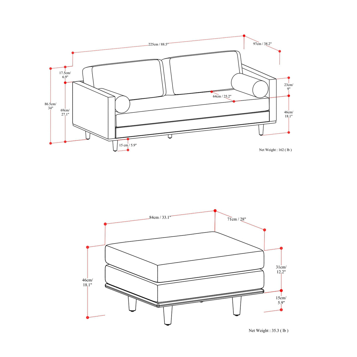 Morrison Brazilian Leather Sofa and Ottoman Set