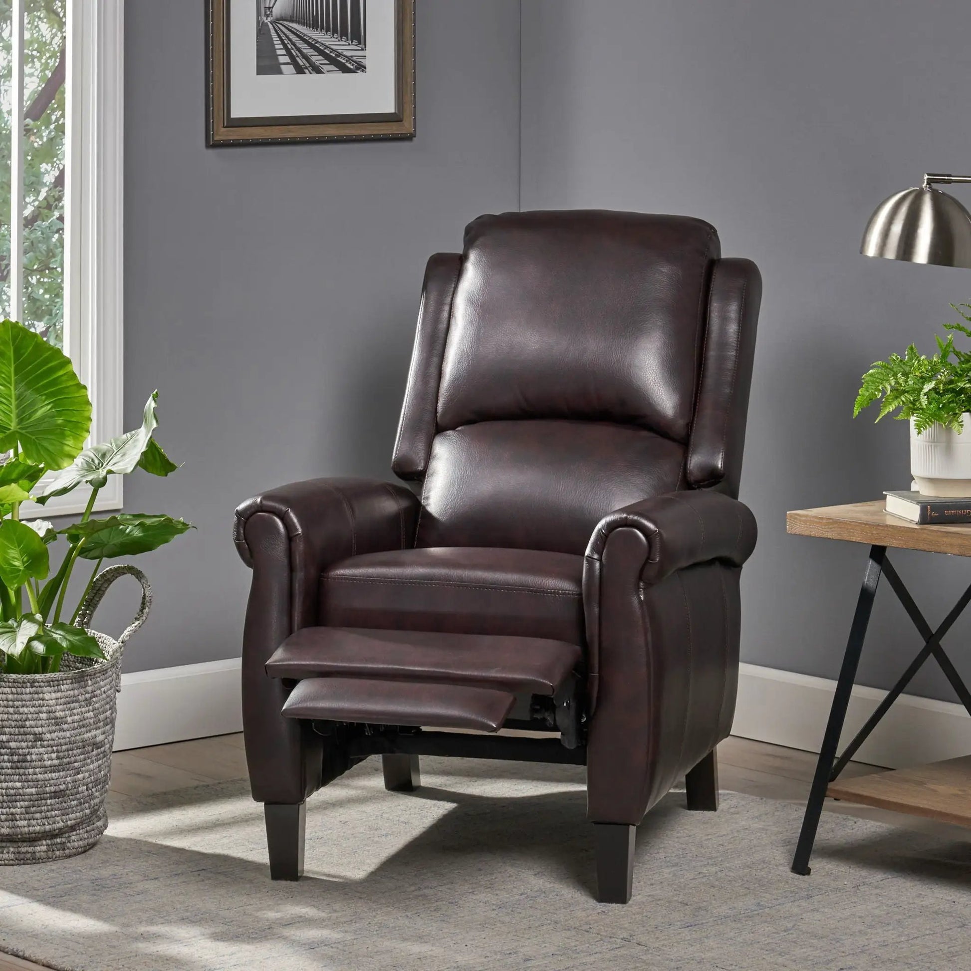 Memphis Standard Recliner Club Chair Burgundy in dark brown leather with extended footrest on Tampa Home & Garden Store