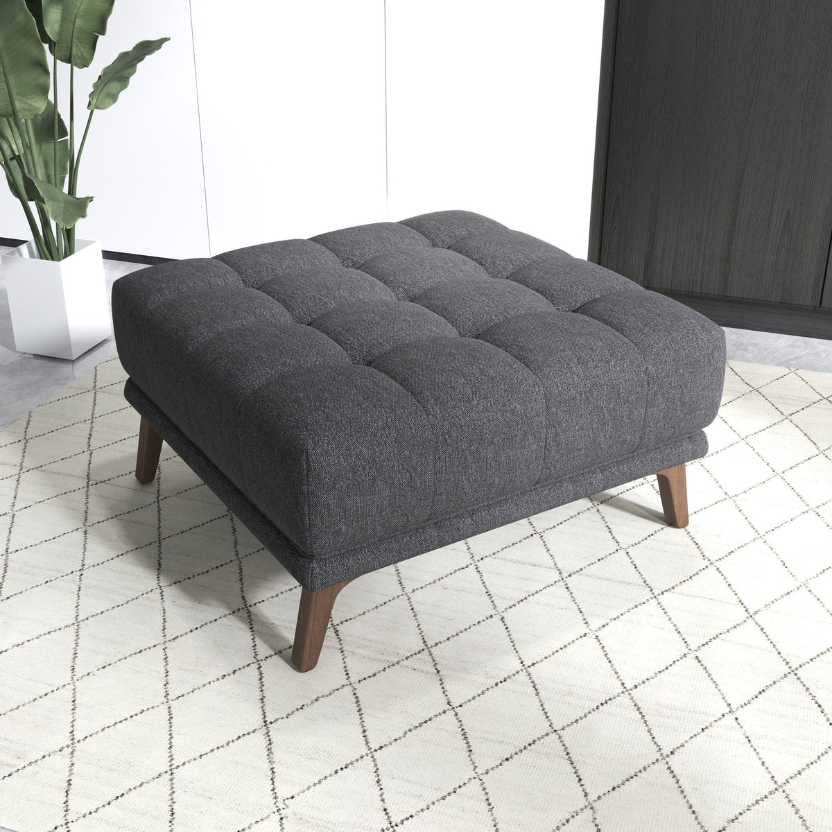 Addison Square Upholstered Ottoman by HouseOfZazla in dark gray tufted square with wooden legs on Tampa Home & Garden Store