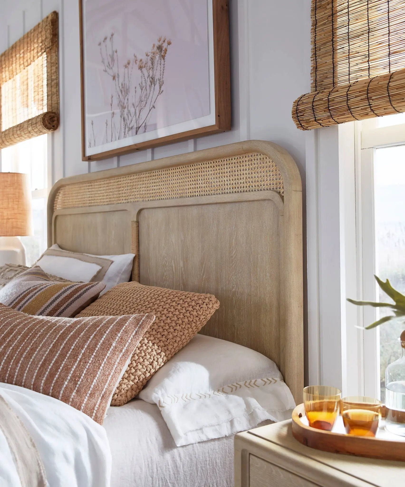 Sunset Cove Panel Bed, light wood frame with woven cane headboard, Unique Piece Furniture on Tampa Home & Garden Store