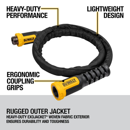 DeWalt heavy-duty fabric garden hose with ergonomic coupling grips and yellow connectors on Tampa Home & Garden Store