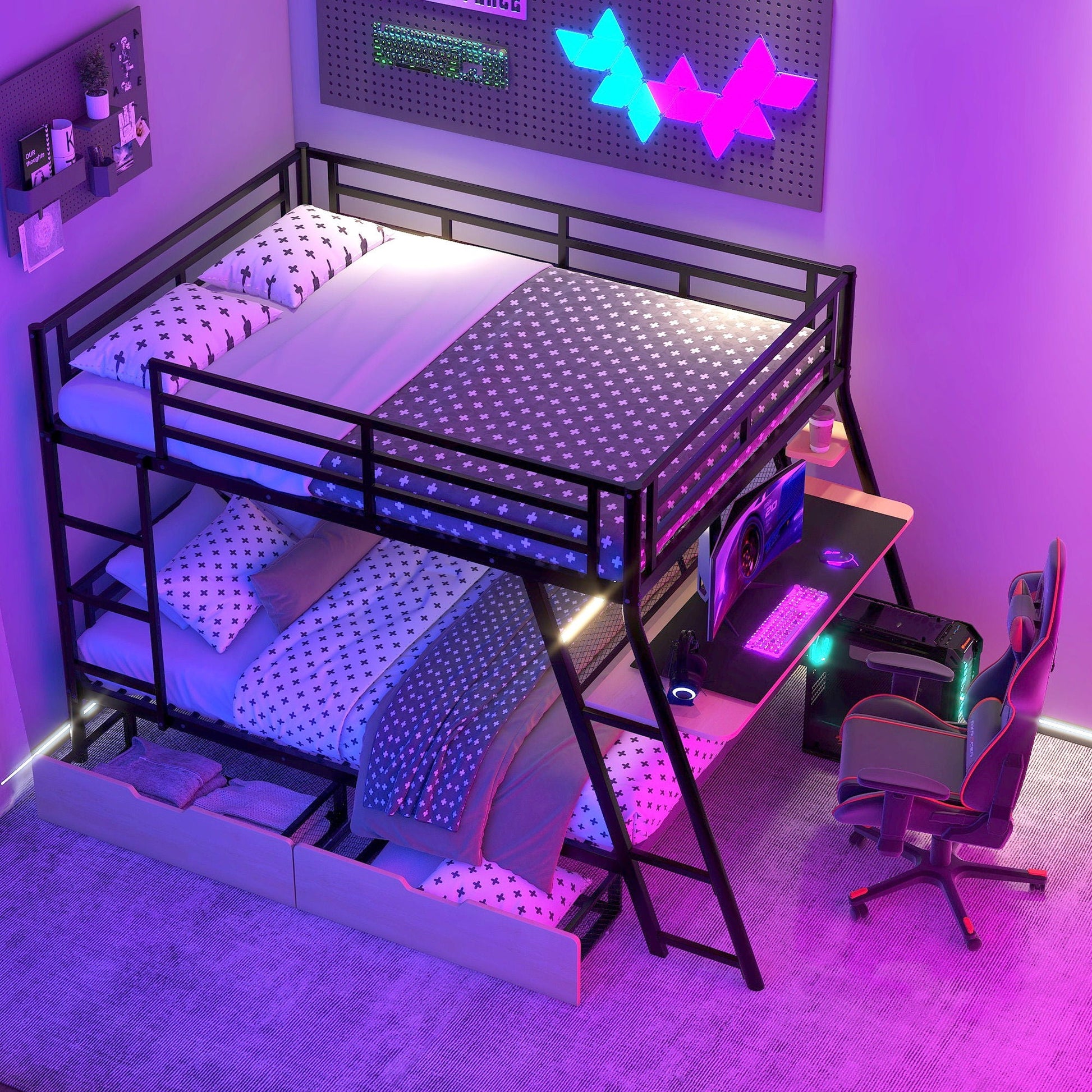 Full size bunk bed with built-in desk and two drawers, black metal frame, purple LED lighting on Tampa Home & Garden Store