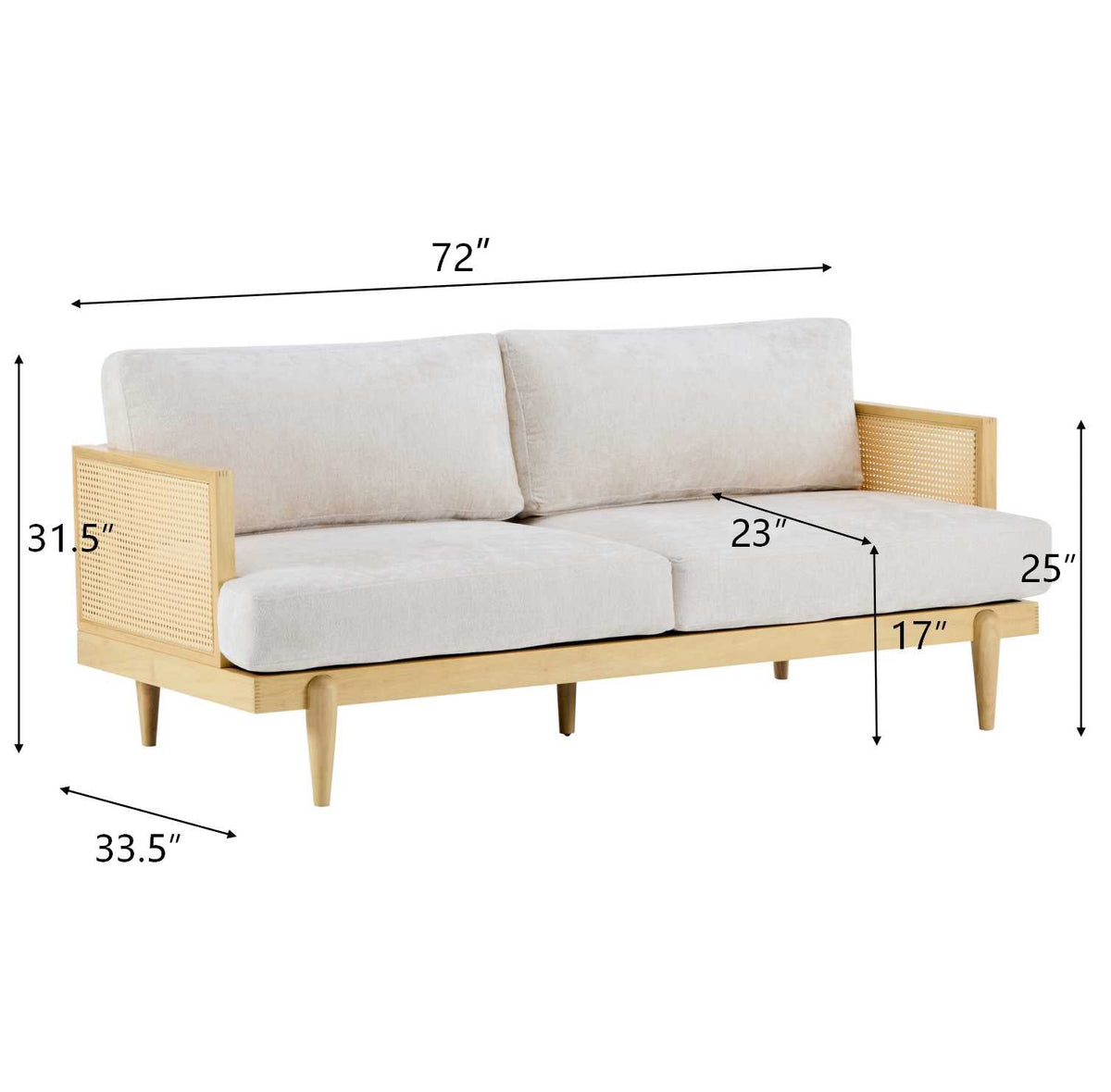 Emir 72-inch square-arm boucle sofa HouseOfZazla cane rattan sides wooden frame beige upholstery on Tampa Home & Garden Store