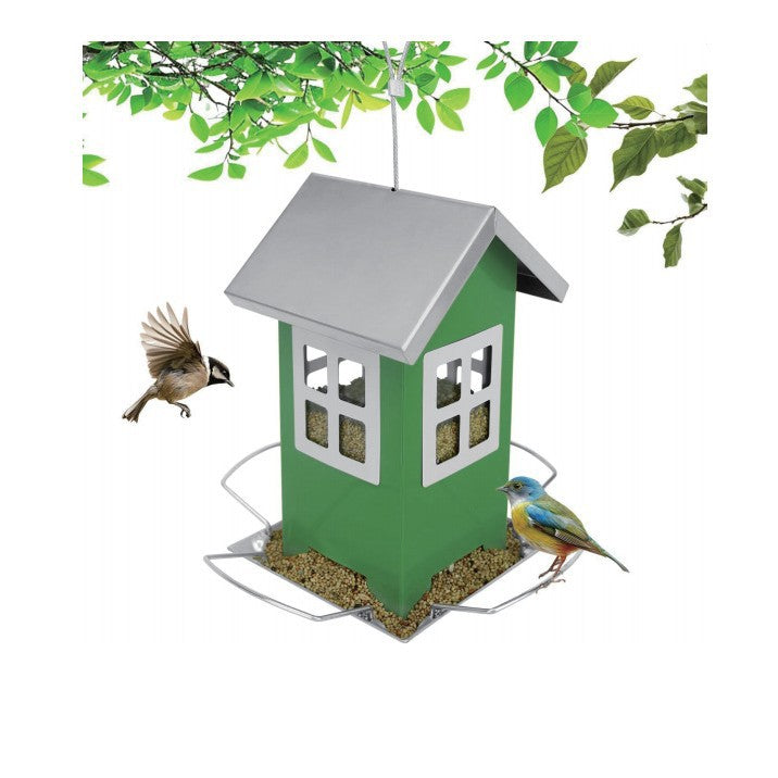 Green iron outdoor bird feeder cage with silver roof and seed tray, two birds nearby on Tampa Home & Garden Store