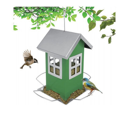 Green iron outdoor bird feeder cage with silver roof and seed tray, two birds nearby on Tampa Home & Garden Store