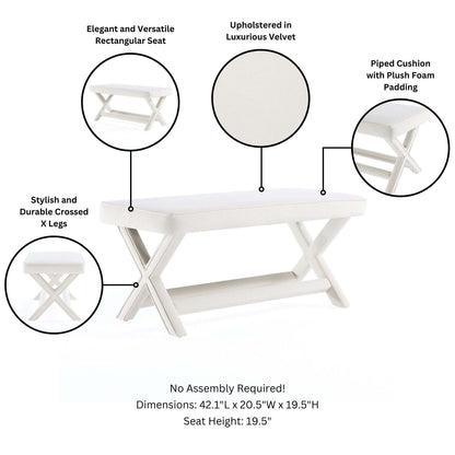 Accent bench with piped velvet cushion and solid wood crossed X-legs in white by HouseOfZazla on Tampa Home & Garden Store