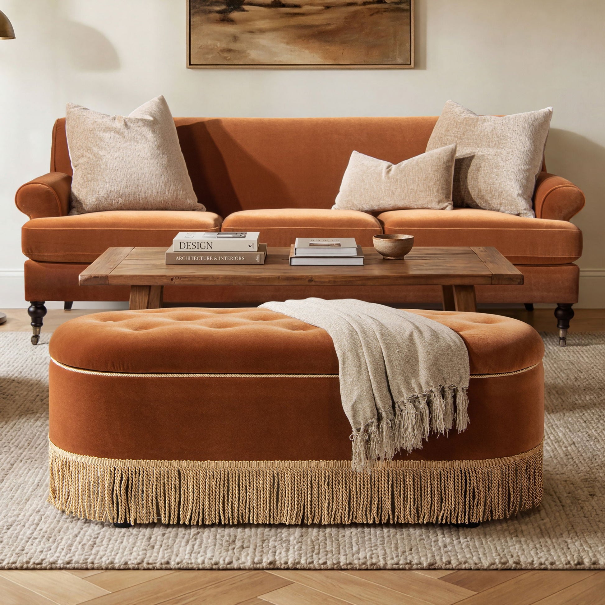 Melinda Oval Tufted Bullion Fringe Storage Bench burnt-orange velvet on Tampa Home & Garden Store