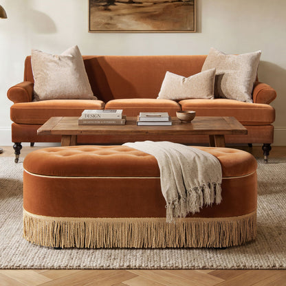 Melinda Oval Tufted Bullion Fringe Storage Bench burnt-orange velvet on Tampa Home & Garden Store