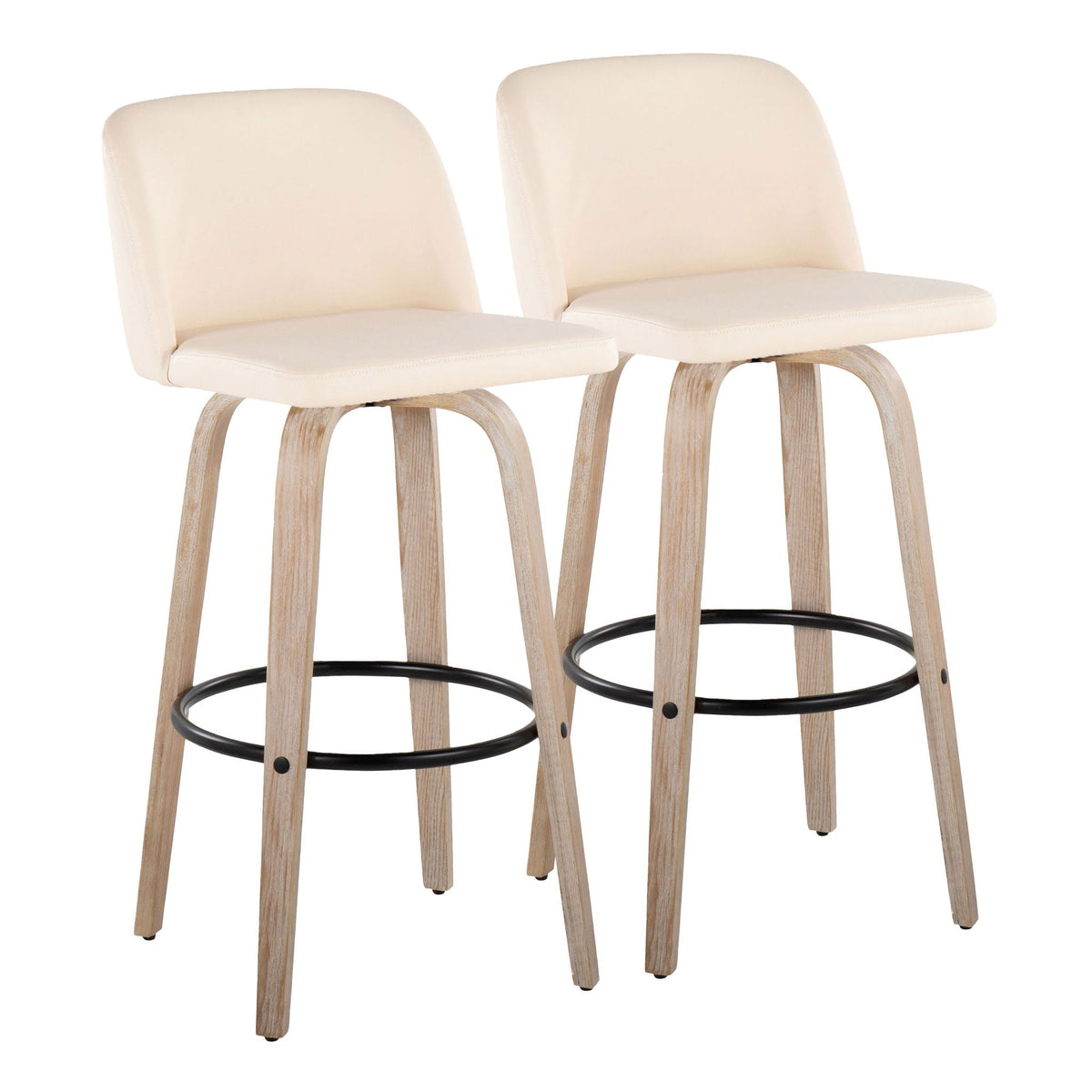 Two cream upholstered mid-century bar stools with light oak legs and black footrests on Tampa Home & Garden Store