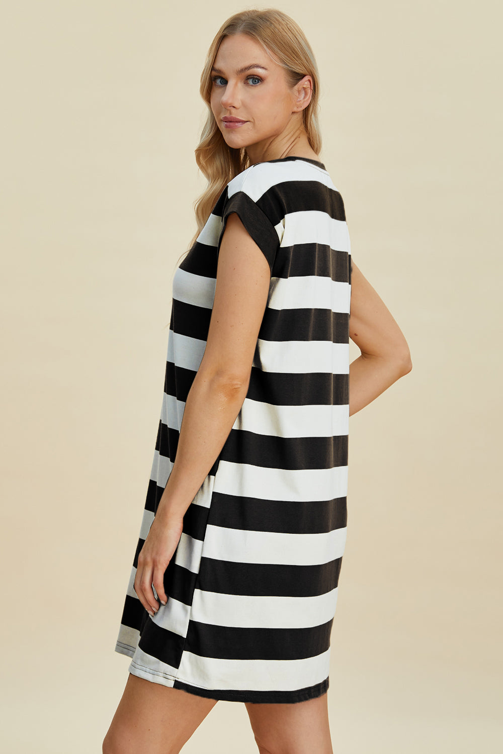 Striped round-neck cap-sleeve mini dress Stevvex in black and white, casual versatile dress on Tampa Home & Garden Store