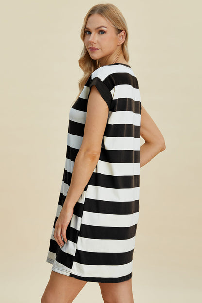 Striped round-neck cap-sleeve mini dress Stevvex in black and white, casual versatile dress on Tampa Home & Garden Store