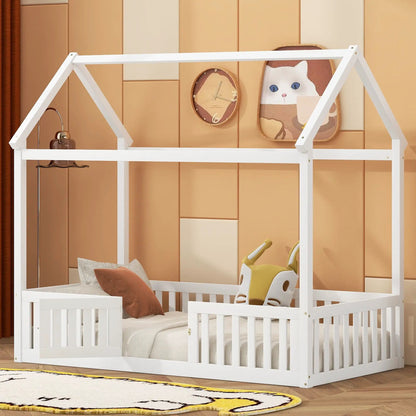 Wood House Bed with Fence and Door Sky Roof