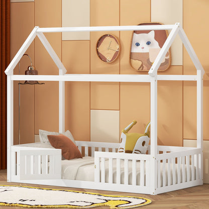 Wood House Bed With Fence And Door white wooden platform bed by HouseOfZazla on Tampa Home & Garden Store