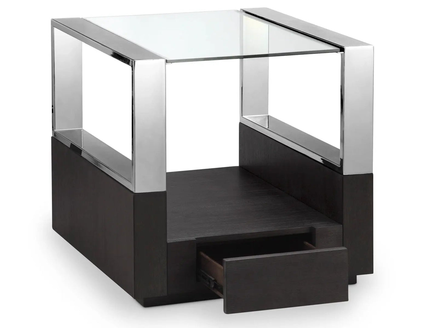 Revere Rectangular End Table Unique Piece Furniture glass top chrome frame dark wood base on Tampa Home & Garden Store