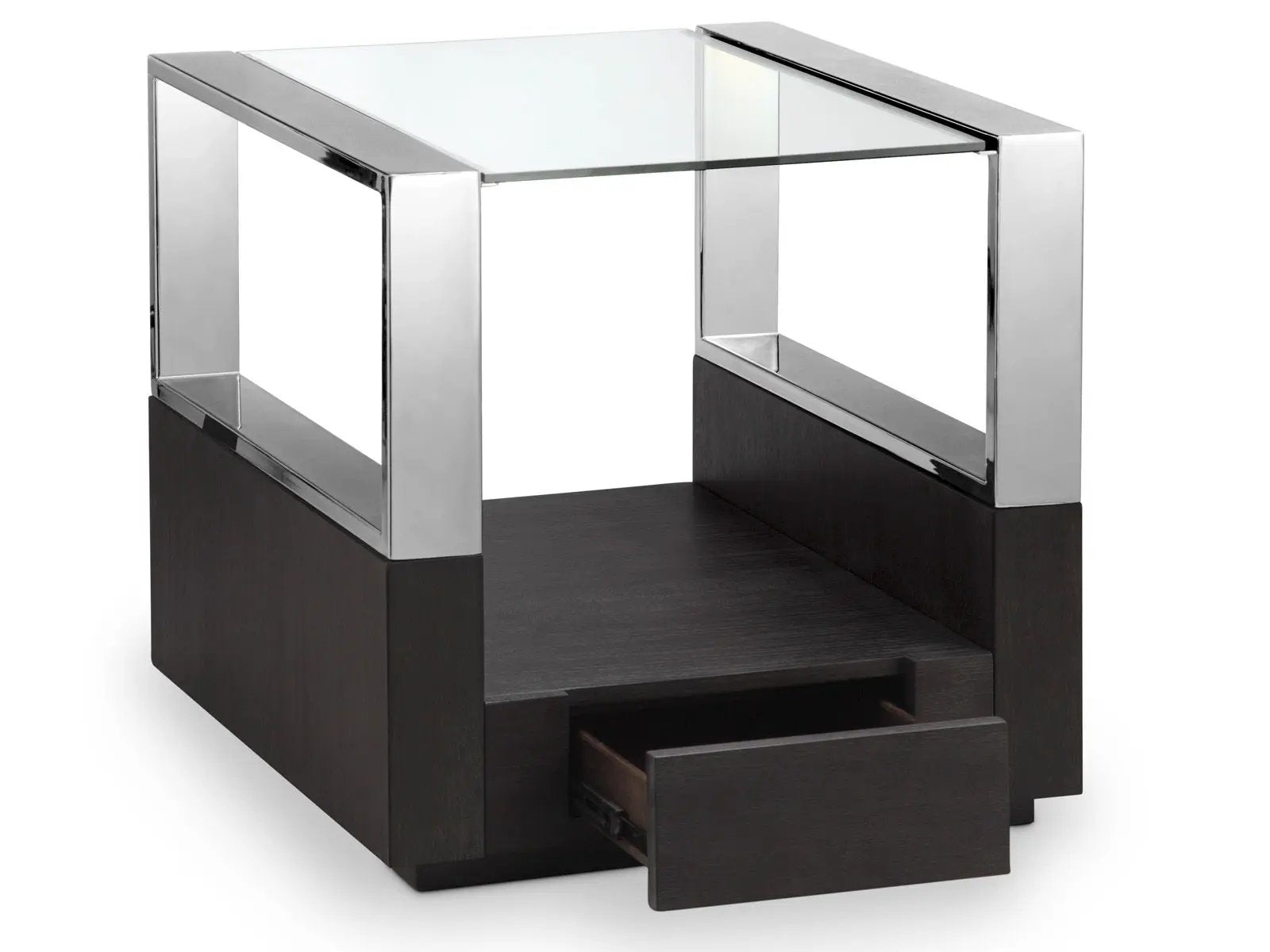 Revere Rectangular End Table Unique Piece Furniture glass top chrome frame dark wood base on Tampa Home & Garden Store
