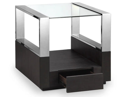 Revere Rectangular End Table Unique Piece Furniture glass top chrome frame dark wood base on Tampa Home & Garden Store