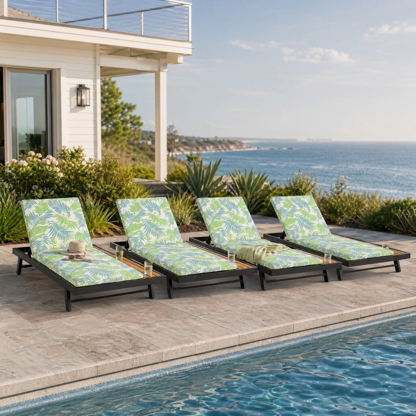Black Iron and Teak Outdoor Chaise Lounge Set