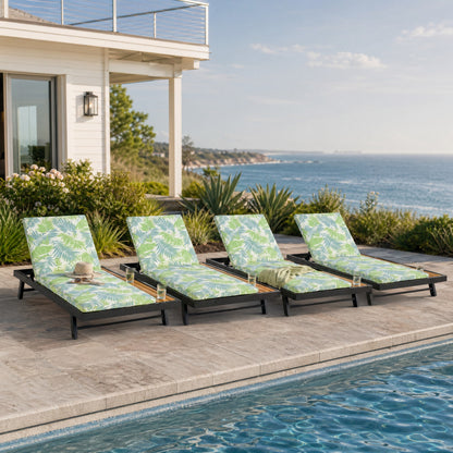 Black Iron and Teak Outdoor Chaise Lounge Set
